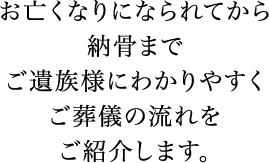 お亡くなりになられてから納骨までご遺族様にわかりやすくご葬儀の流れをご紹介します。