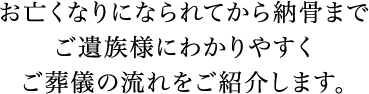 お亡くなりになられてから納骨までご遺族様にわかりやすくご葬儀の流れをご紹介します。